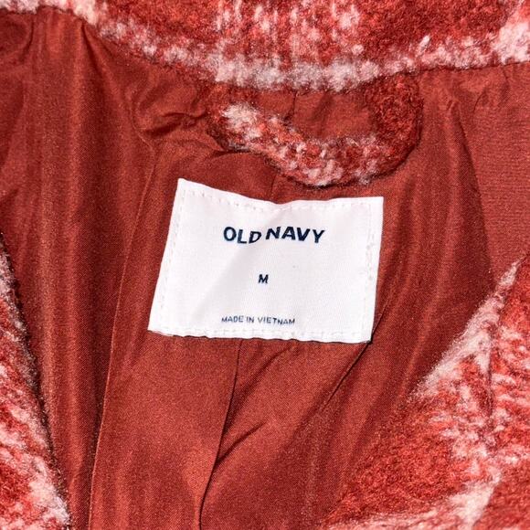Old Navy Pea Coat Women’s Medium Red White Plaid Wool Blend Pockets Zip Front - Picture 4 of 10